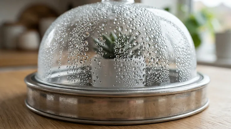 Close-up view of a glass lid on one of the best steamer pots during use