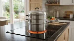 One of the best steamer pots resting on a modern induction hob in a British home