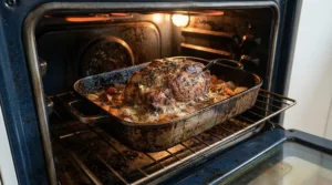 Cast aluminium roasting tin with rack placed inside a hot kitchen oven