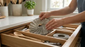 A collapsible universal steamer insert being folded away into a compact kitchen drawer