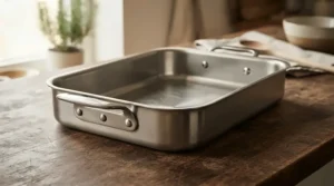 Heavy-duty non-stick roasting tin with sturdy side handles, shown empty and clean against a neutral background.