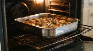 A heavy-duty stainless steel roasting tray placed inside a hot fan oven during the cooking process
