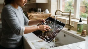 Non-stick roasting tin being easily wiped clean with a soapy sponge in a Belfast sink.
