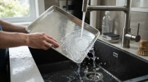 Sleek stainless steel roasting trays being washed easily in a modern kitchen sink