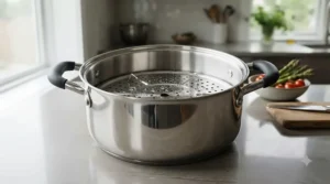 Large deep roasting tin with rack and side handles sitting on a kitchen counter