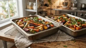 Large deep roasting tins with rack containing chopped vegetables ready for the oven