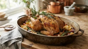A large stainless steel roasting tray featuring a festive Christmas turkey ready for the oven