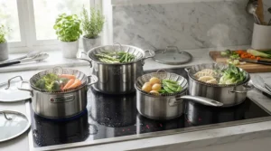 A universal steamer insert demonstrated with multi-pot compatibility on multiple burners
