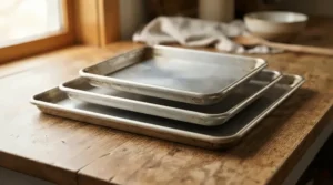 A nested set of three different sized non-stick roasting tins on a wooden kitchen tabletop.