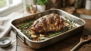 A traditional joint of beef resting in a non-stick roasting tin surrounded by garlic and rosemary.