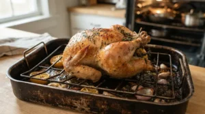 Non-stick roasting tin with wire rack holding a golden Christmas turkey ready for carving