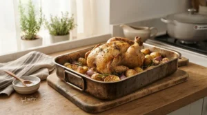 A gleaming non-stick roasting tin holding a golden chicken and crispy roast potatoes on a kitchen counter.