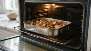 Polished stainless steel roasting tray placed inside a hot kitchen oven during cooking