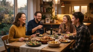 Family enjoying a hearty meal cooked with pressure cookers under £80 at a dining table