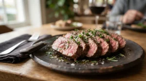 Close-up of tender beef prepared using pressure cookers under £80 on a ceramic plate
