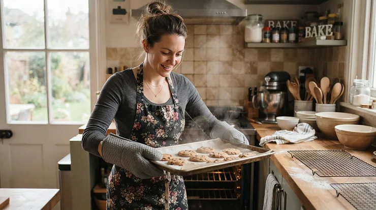Professional chef removing a hot non-stick roasting tin from an oven using oven gloves.