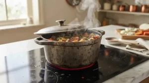 A professional-grade stainless steel roasting tray resting on a modern induction hob for making gravy