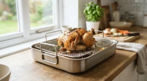 Heavy-duty stainless steel roasting trays featuring a wire rack for draining meat juices
