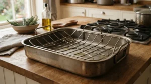 Large roasting tins with rack prepared for cooking a Christmas turkey or festive feast