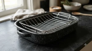 Classic enamel roasting tins with rack sitting on a hob top ready for gravy making