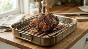Non-stick roasting tins with rack holding a juicy joint of beef on a kitchen counter
