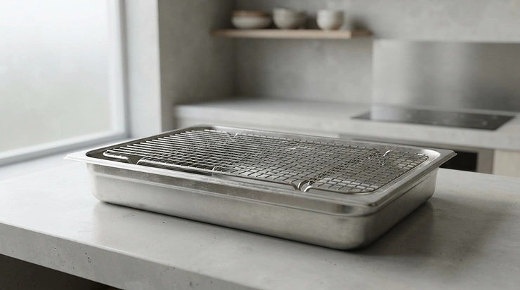Professional grade roasting tins with rack suitable for high-temperature oven cooking
