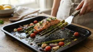 Close-up of a scratch-resistant non-stick roasting tin coating with a spatula lifting roasted vegetables.