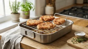 Small roasting tin with rack used for cooking pork chops and vegetables