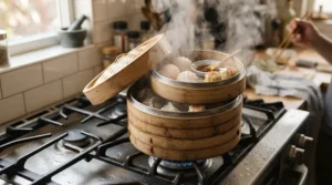 Several bamboo baskets arranged inside stacked steamers under £45, filled with freshly cooked dim sum in a home kitchen