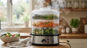 Vibrant green vegetables steaming inside stacked steamers under £45 for a nutritious weeknight supper