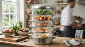 A three-tier configuration of stacked steamers under £45 cooking fish, rice, and vegetables at once