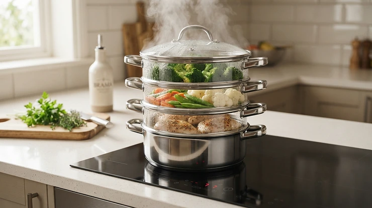 Polished stainless steel stacked steamers under £45 sitting on a modern induction hob with steam rising