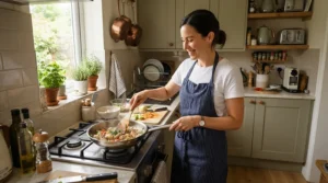 A compact set of stacked steamers under £45 being used in a small flat kitchen for quick meals