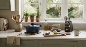 Affordable kitchen equipment including stacked steamers under £45 displayed neatly on a wooden countertop