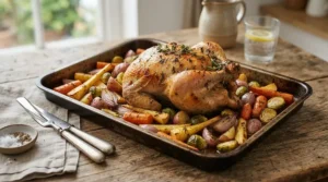 Stainless steel roasting tin with rack filled with a traditional British Sunday roast chicken and vegetables
