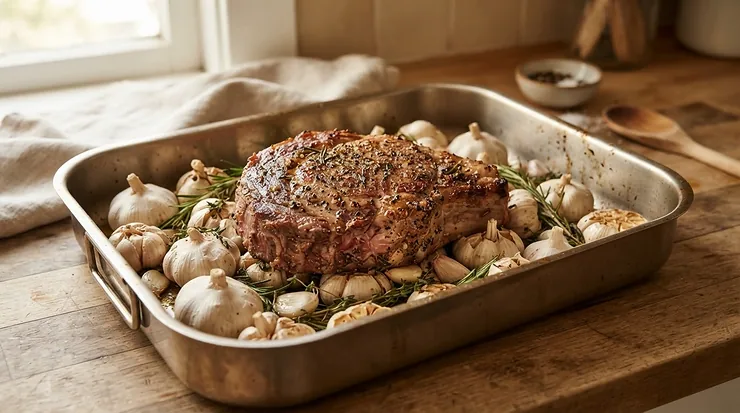 A robust stainless steel roasting tray containing a slow-cooked lamb shoulder with garlic and thyme