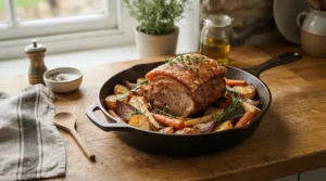 A gleaming stainless steel roasting tray holding a traditional British Sunday roast beef joint surrounded by roast potatoes, parsnips and rich gravy