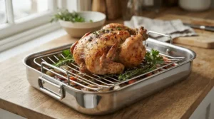A stainless steel roasting tray complete with a wire rack holding a crispy whole roasted chicken