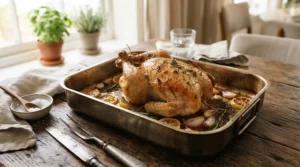 Large polished metal roasting pan holding a festive holiday turkey ready for the oven