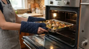 Durable metal roasting tray with sturdy riveted handles being taken out of a domestic oven