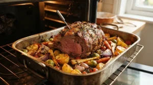 Traditional Sunday roast beef cooking in shiny metal baking pans on a kitchen counter
