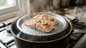 Steaming salmon fillets using reliable steamer pots under £40 for a light and tender seafood dinner
