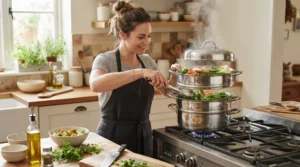 Affordable healthy cooking equipment including steamer pots under £40 being used to prepare a nutritious family meal