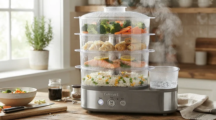 Multi-tier steaming in action with steamer pots under £40 cooking rice, chicken, and greens all at once