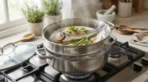 Using wide steamer pots under £40 with a specialized insert to gently cook a fresh whole fish for a healthy meal