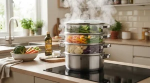 A multi-tier stainless steel set of steamer pots under £40 steaming colorful vegetables simultaneously on a hob
