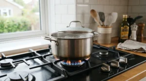 A stovetop pressure cooker heating up on a modern gas hob in a British kitchen