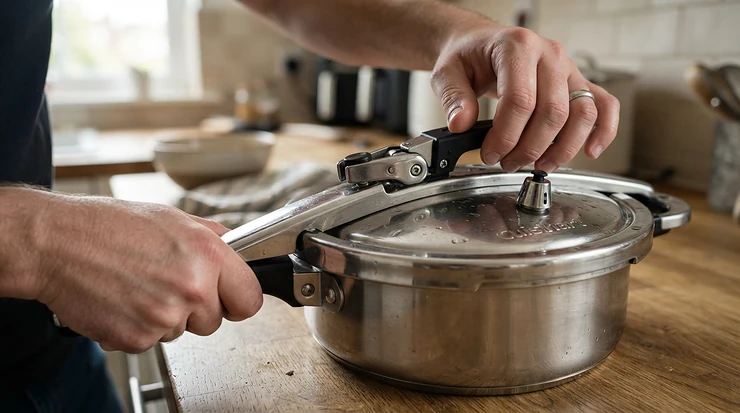 Checking the pressure release mechanism on a reliable stovetop pressure cooker