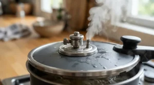 Close-up of the pressure release valve on a stainless steel stovetop pressure cooker