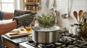 Safely lifting a hot universal steamer insert out of a saucepan using heat-resistant handles